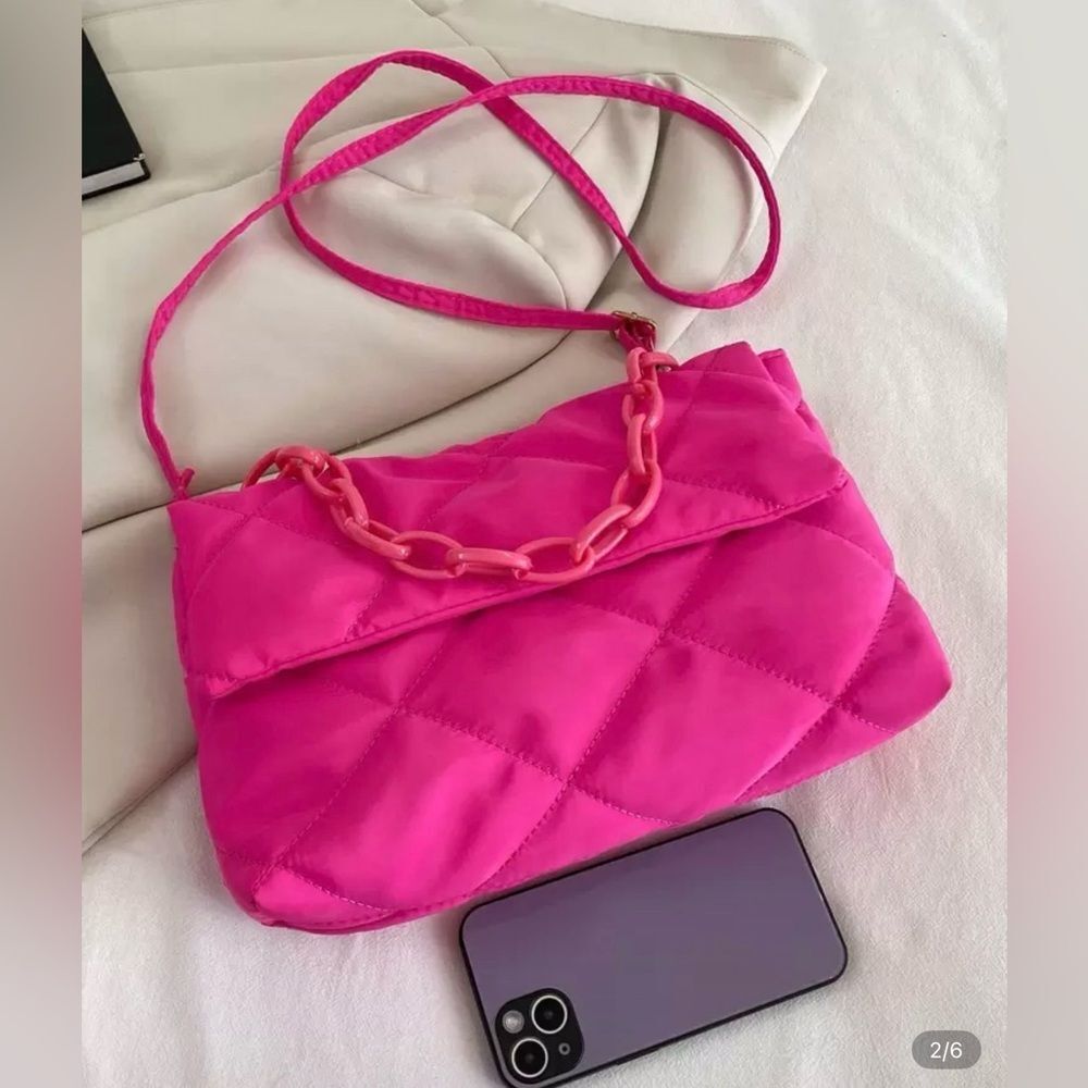 Pink Quilted puffed Women's Bag with Acrylic Chain